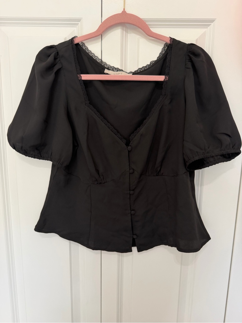 LOFT Black V-Neck Puff Sleeve Lace-Trim Blouse